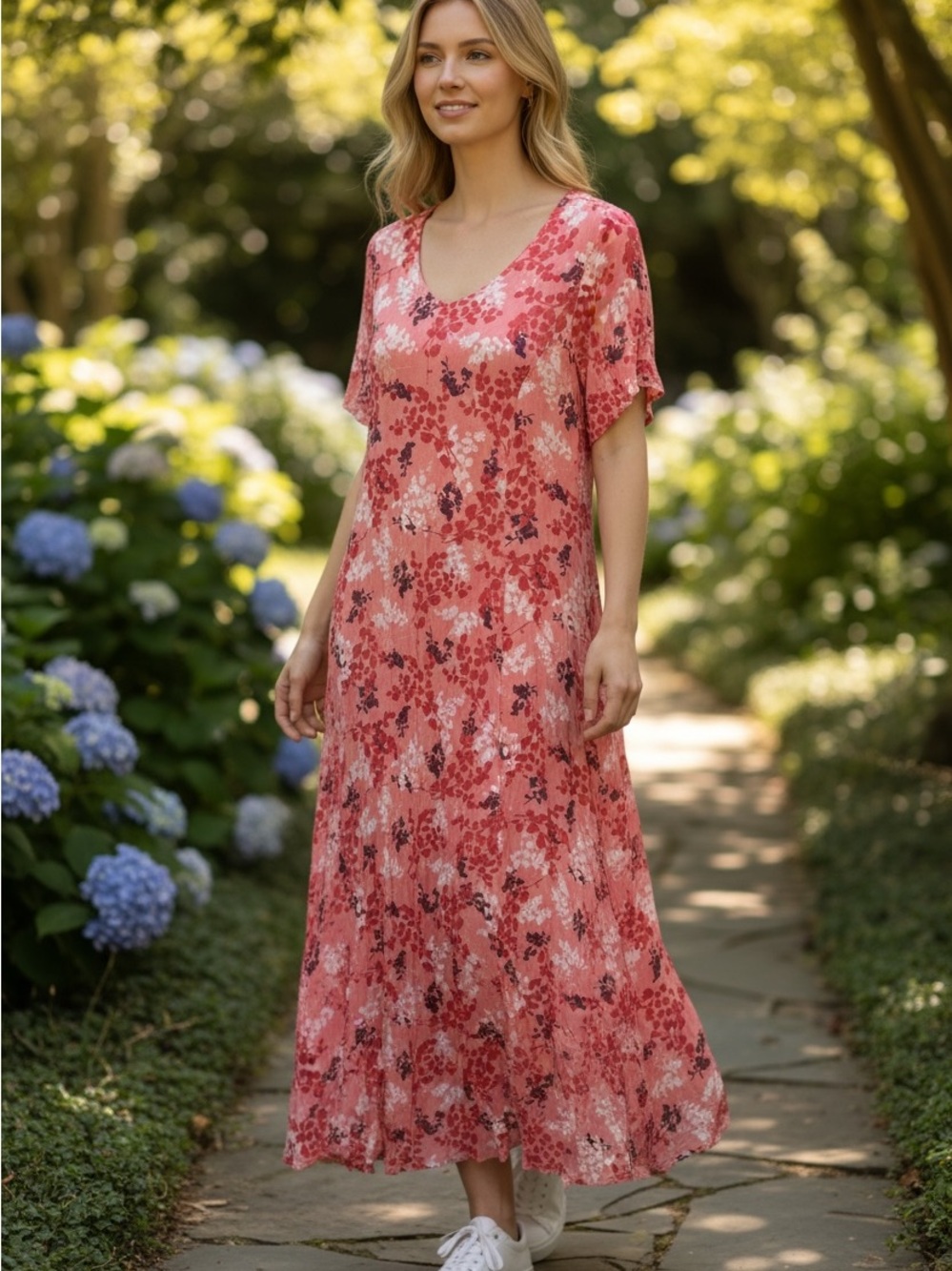 Woman Within Coral Pink Floral Maxi Dress